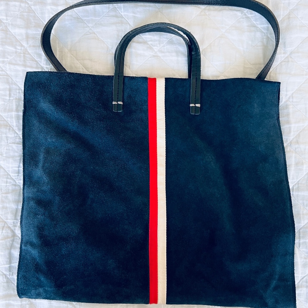 Clare V Simple Tote Dark Blue Suede with Red/White Stripes